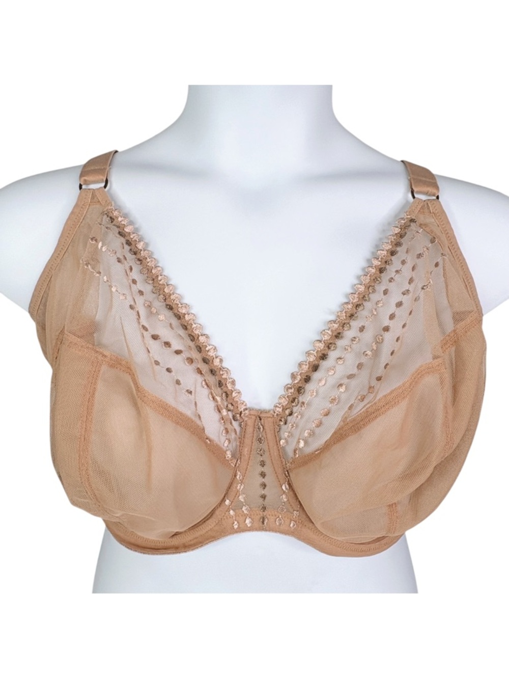 Elomi Matilda Plunge Bra sz 34JJ (UK) / 34N (US) * Tan Dot Trim Sheer